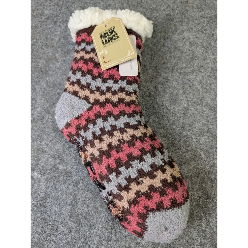 Muk Luks Aloe Infused Slipper Socks Pink Brown Houndstooth Faux Fur Lining S/M